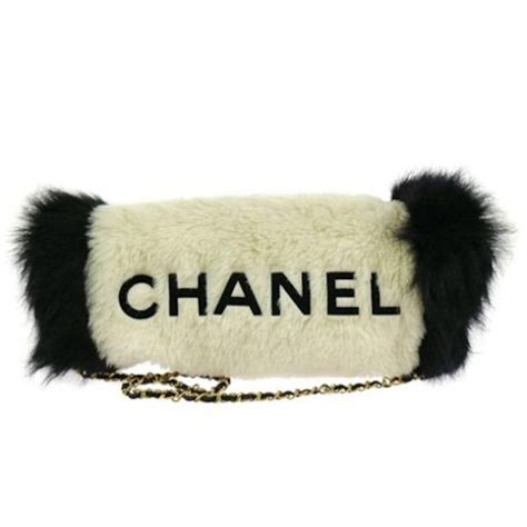 Chanel Logos Hand Warmer with Chain Strap Muff White Faux 